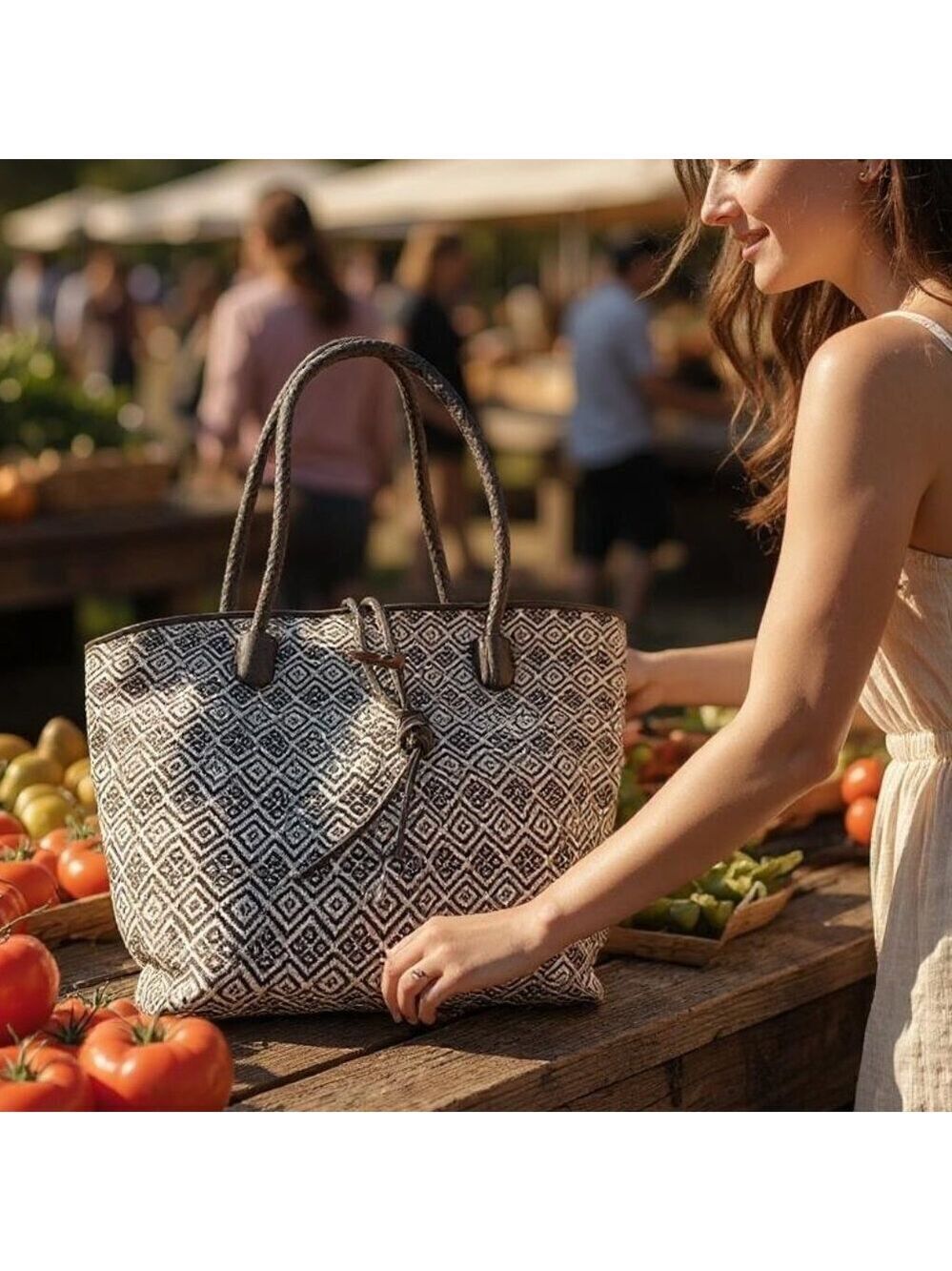 🖤 Neiman Marcus Black & Cream Woven Tote Bag | Boho Chic Oversized Shoulder Bag
